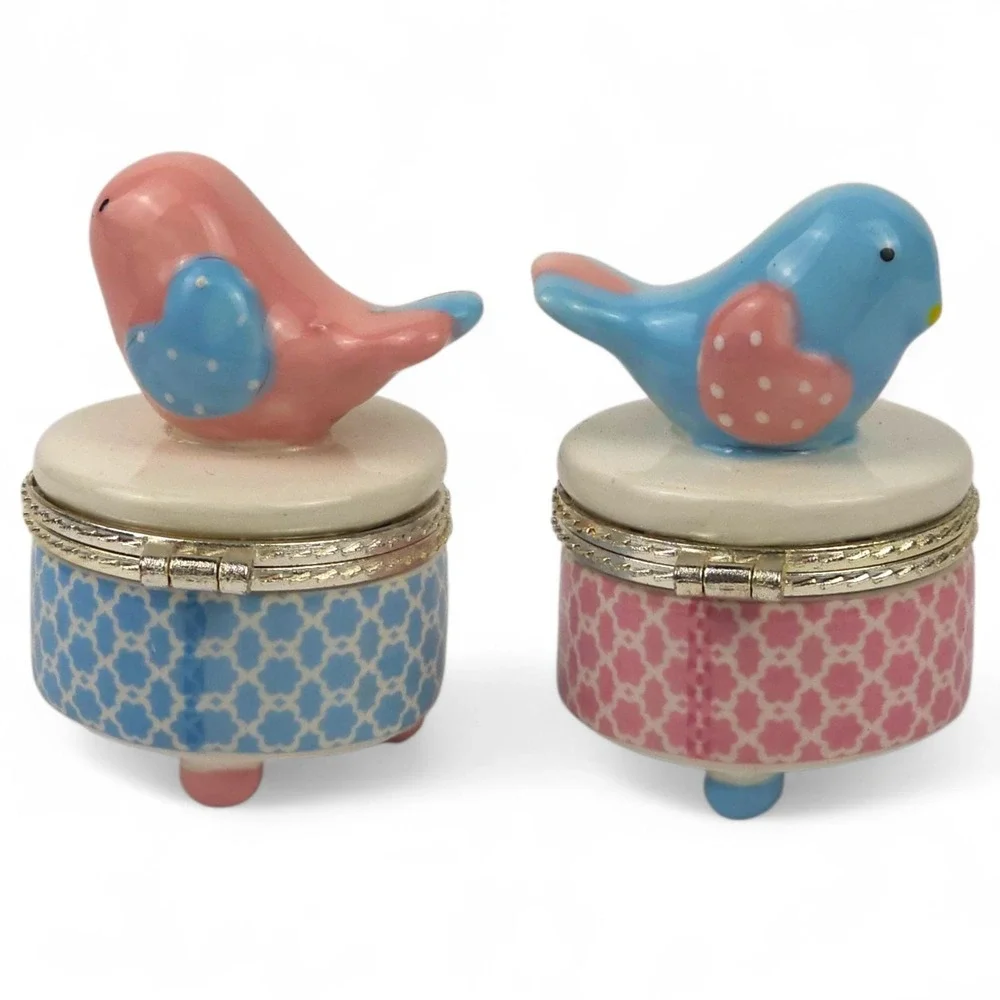 Mud Pie My First Tooth and Curl Keepsake Set Ceramic Bird Baby Trinket Box Pink